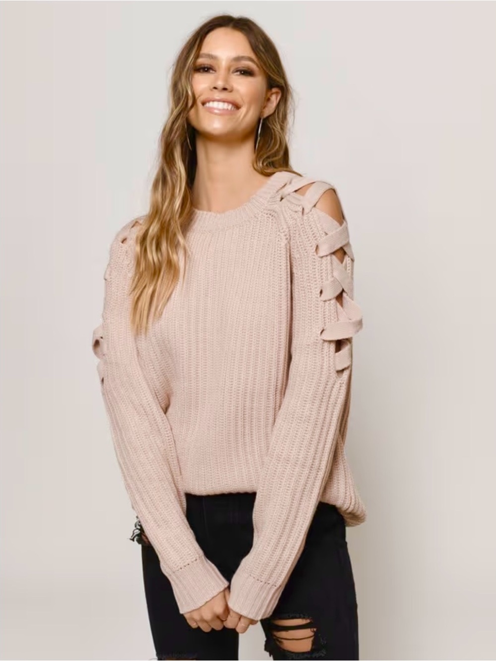 Tobi Pink Knit Cold Shoulder Ribbon Sweater